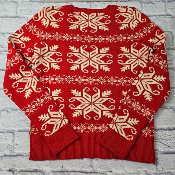 Joe Fresh Holiday Sweater Snowflake Fair Isle Red V-neck Christmas size Medium - Picture 7 of 9